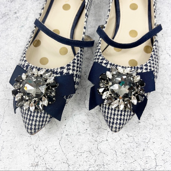 Boden Plaid Jeweled Bow Flats Pointed Blue Holiday Shoes Size 37 - Picture 2 of 7
